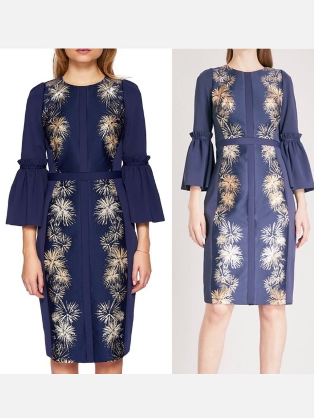 Ted Baker RARE Stardust Gold Fireworks Flute Sleeve Metallic Midi Dress